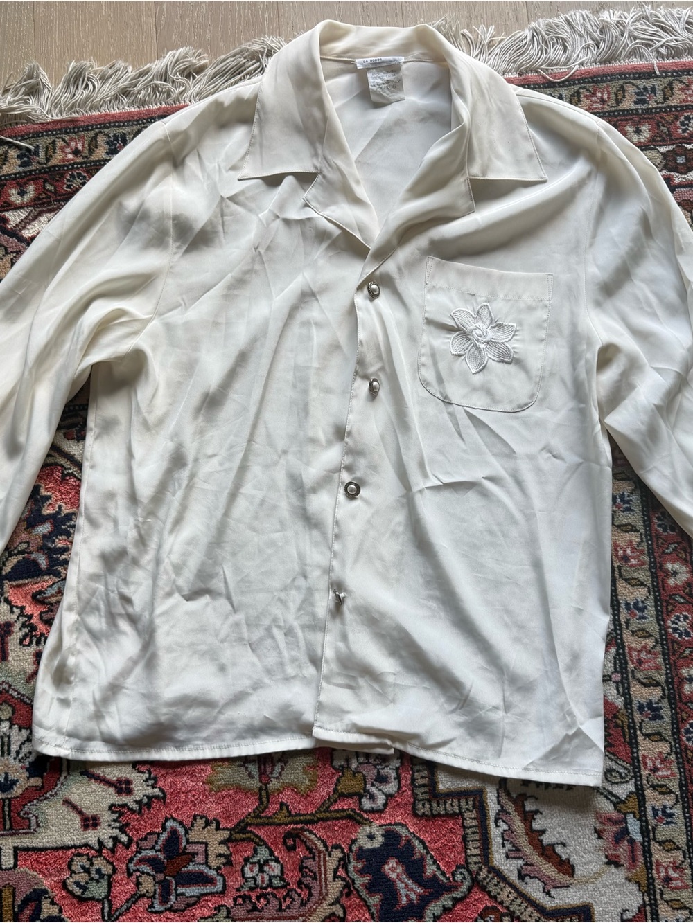 Lisa International White Embroidered Pocket Button-Up Blouse
